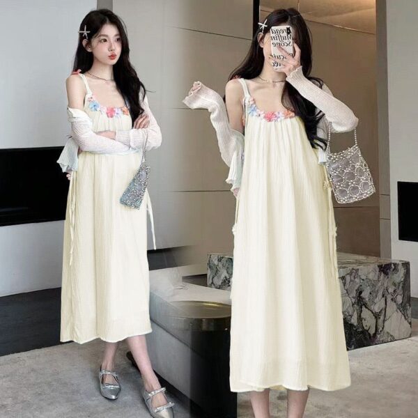 Sleeveless Floral Skirt + Knitted Shirt - Beige - Image 1