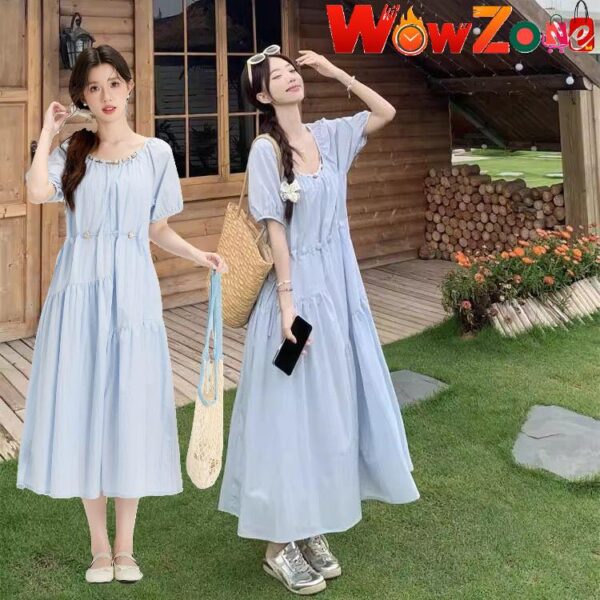 Round neck Stone Ladies Dress - Sky Blue - Image 1