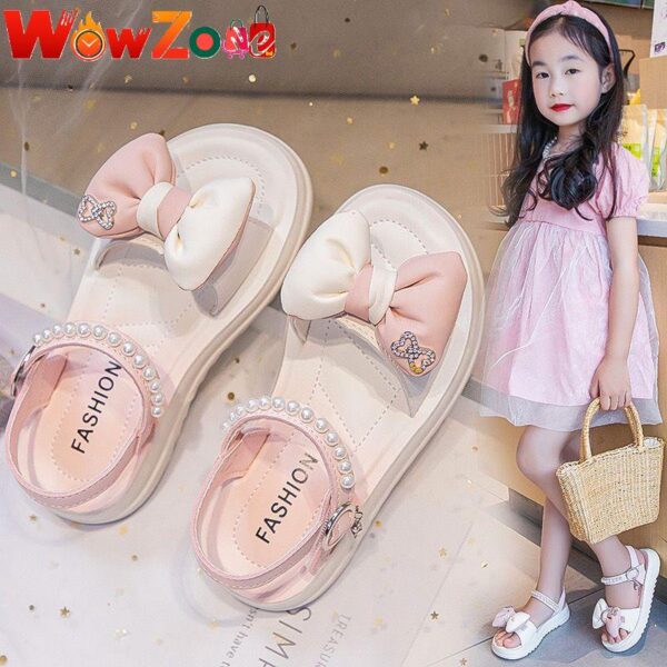 Girls Bow and Pearl bi-color Sandal - Pink - Image 1