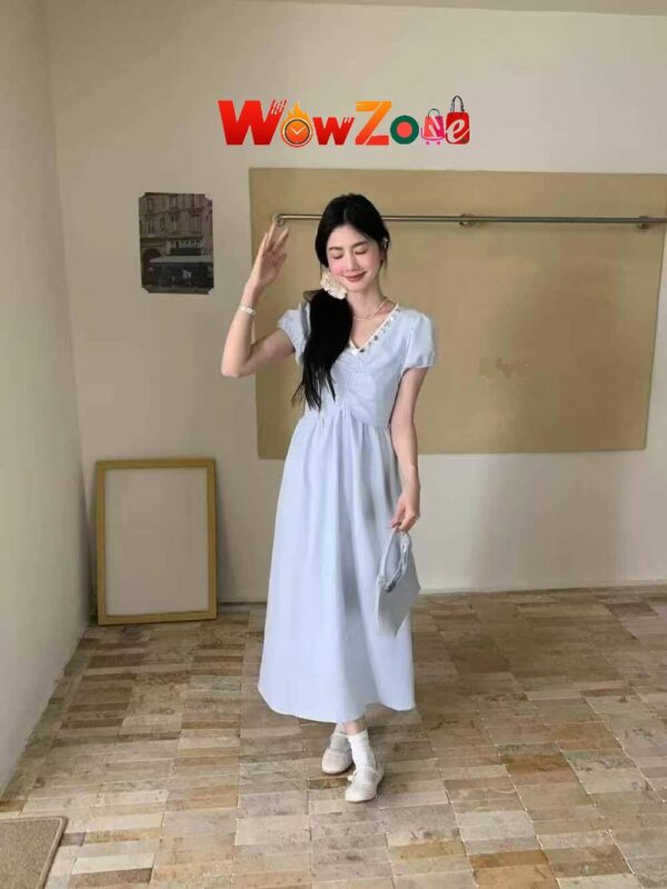 V-Shaped Ornamented Ladies Dress - Sky Blue - Image 1